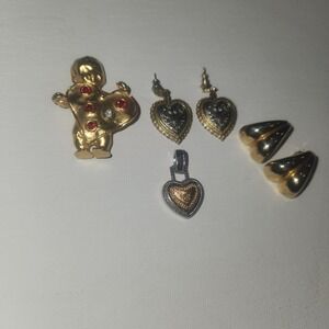 Vintage Cherub Heart Brooch Pendant Earrings Set Gold Tone Red Rhinestones